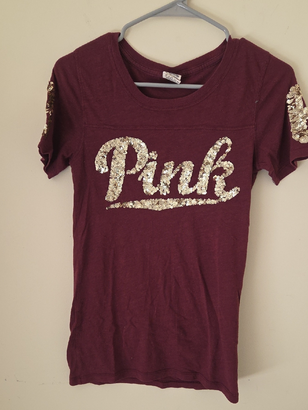 PINK Victoria's Secret Burgundy Tee with Gold Sequin Logo